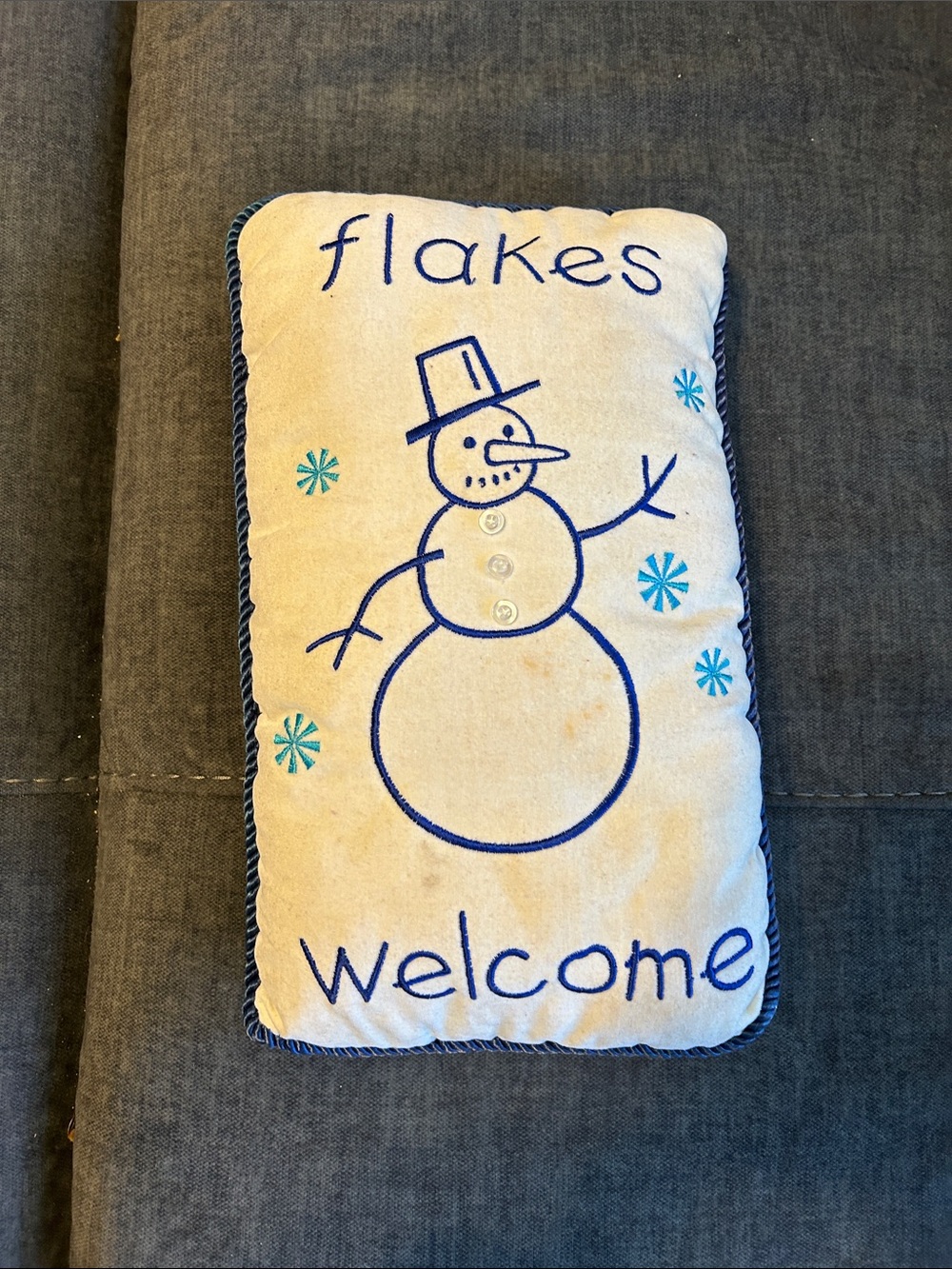 Flakes Welcome Snowman Holiday Pillow - Blue on Cream